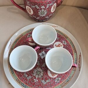 Vtg Chinese Rose Mum Shou Longivity Chinoiserie 6 pc Tea set.  Hand Painted.